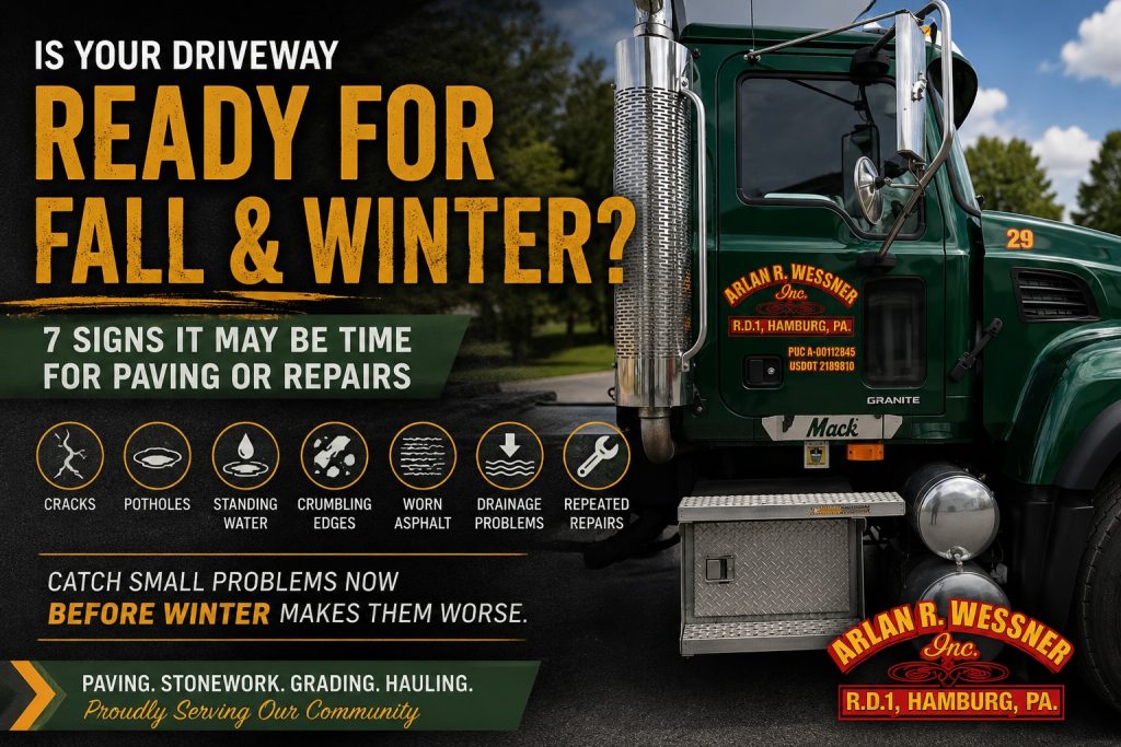 Arlan R. Wessner paving crew preparing an asphalt driveway for fall maintenance and seasonal weather conditions