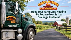 Arlan R. Wessner paving truck beside a newly paved farm lane leading to a Pennsylvania farm, with the headline “Does Your Farm Lane Need to Be Repaved—or Is It a Drainage Problem?”