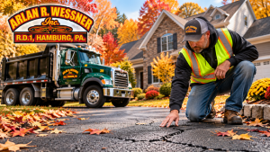 Arlan R. Wessner paving professional inspecting a cracked driveway beside a company dump truck in fall