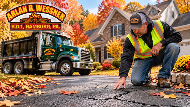 Arlan R. Wessner paving professional inspecting a cracked driveway beside a company dump truck in fall